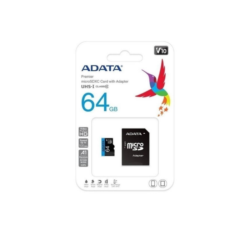 ADATA | AUSDX64GUICL10A1RA1 | Micro SD ADATA 64GB  Adaptador Clase