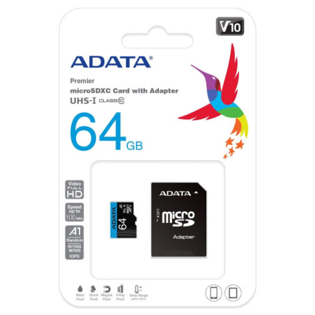 ADATA | AUSDX64GUICL10A1RA1 | Micro SD ADATA 64GB  Adaptador Clase
