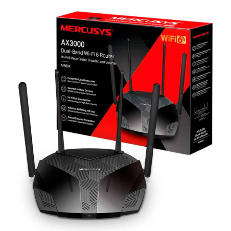 TPLINK | MR80X | Router MERCUSYS WiFi 6 de doble banda AX3000 574 Mbps a 24 GHz  2402 Mbps a 5 GHz 4 antenas externas fijas 3
