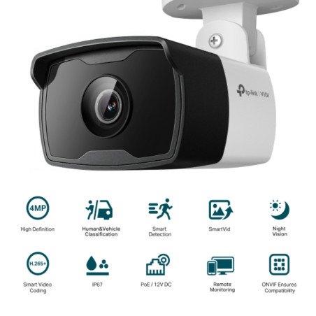TPLINK | VIGI C340I4mm | Cmara IP VIGI tipo Bala 4MP Lente Fijo 4 mm INCLUYE Deteccin Inteligente Clasifica Humanos y Vehculos