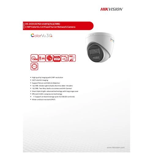 HIKVISION DS-2CD1327G3-LIU Turret IP 2 Megapixel / Lente 2.8 mm / Dual Light + ColorVu 3.0 / 30 mts IR + 30 mts Luz Blanca / Micrófono Integrado / ACUSENSE / Exterior IP67 / WDR / PoE - Imagen 2