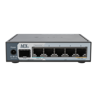 MIKROTIK E60IUGS Router hEX S / 5 Puertos Gigabit Ethernet / 1 Puerto SFP 2.5G / Dual-Core ARM / 512 MB RAM / RouterOS V7 / PoE-In y PoE-Out / Montaje en Pared