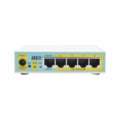 MIKROTIK RB750UPR2 (hEX PoE LITE) RouterBoard, 5 Puertos Fast Ethernet, 4 con PoE Pasivo, 1 Puerto USB