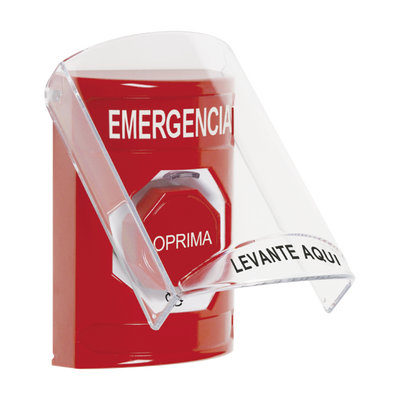 STI SS2029EMES Botón Rojo de Emergencia en Español con Tapa Protectora de Policarbonato Súper Resistente, Acción Mantenida, Girar para Restablecer