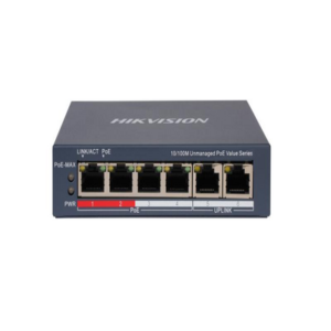 HIKVISION DS3E0106PE/M(B) Switch PoE+ / No Administrable / 4 Puertos 10/100 Mbps PoE+ (hasta 300 m) + 2 Puertos 10/100 Mbps Uplink / 35 W