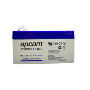 EPCOM POWERLINE PL1.212V2 Batería 12 VDC / 1.2 AH / UL / Tecnología AGM-VRLA / Para uso en equipo electrónico, Alarmas de Intrusión / Incendio/ Control de acceso / Video Vigilancia / Terminales F1 ( Incluye adaptador para terminal F2 ).