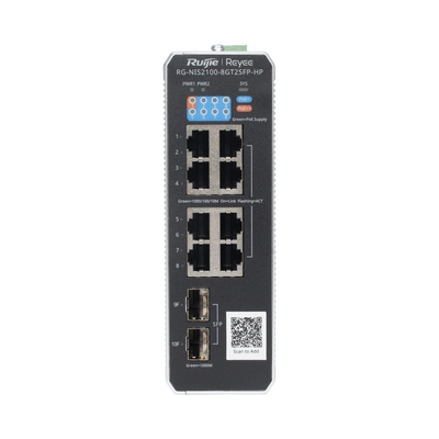 RUIJIE RG-NIS2100-8GT2SFP-HP Switch Industrial PoE con gestión en la nube con 1 puerto PoE++, 7 puertos PoE+ y 2 puertos uplink SFP Ideal para temperaturas Extremas y protección contra descargas