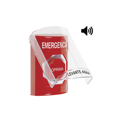 STI SS20A9EMES Botón de Emergencia en Español con Tapa Protectora de Policarbonato Súper Resistente, Acción Mantenida, Girar para Restablecer y Sirena