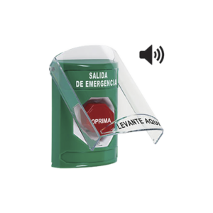 STI SS21A9EXES Botón de Salida de Emergencia en Español con Tapa Protectora de Policarbonato Súper Resistente, Acción Mantenida, Girar para Restablecer y Sirena