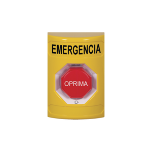 STI SS2209EM-ES Botón de Emergencia en Español, Color Amarillo, Acción Mantenida, Girar para Restablecer y LED Multicolor