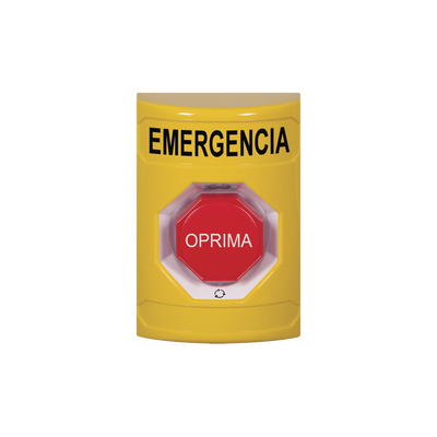 STI SS2209EM-ES Botón de Emergencia en Español, Color Amarillo, Acción Mantenida, Girar para Restablecer y LED Multicolor