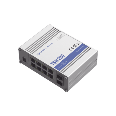 TELTONIKA TSW200 Switch Industrial No-Administrable 8 puertos Gigabit PoE 802.3af/at, 2 puertos SFP