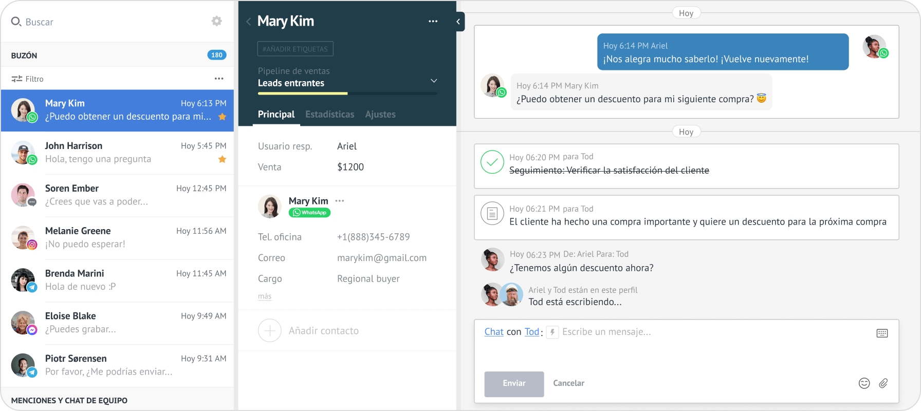 Buzón unificado de Kommo · WhatsApp, Facebook, Instagram, Telegram en una sola app