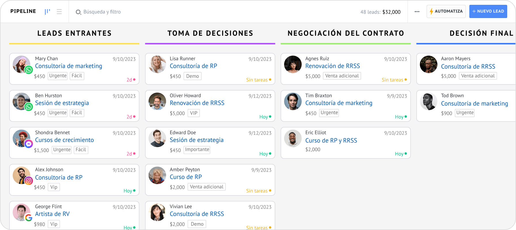 Kommo CRM — interfaz del pipeline visual