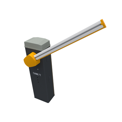 JFM Technology Automated vehicle barrier gate with orange arm extended from a black control box