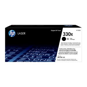 HP Laser toner cartridge box front black with HP logo and large 330x on white panel part of packaging design