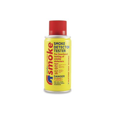 JFM Technology Yellow bottle with a red cap labeled smoke detector tester used to test smoke alarmssmoke detectors