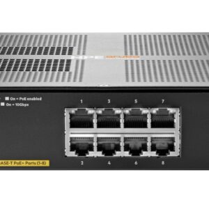 Front view of an hpe aruba 2930f poe+ ethernet switch showing eight poe+ ports and additional high speed network ports on the front panel