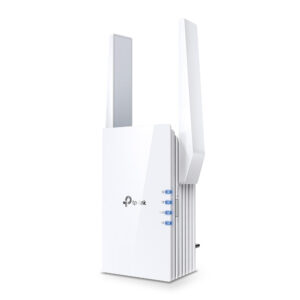 White TP Link wireless router with two tall antennas and blue status LEDs on the side standing upright on a white background
