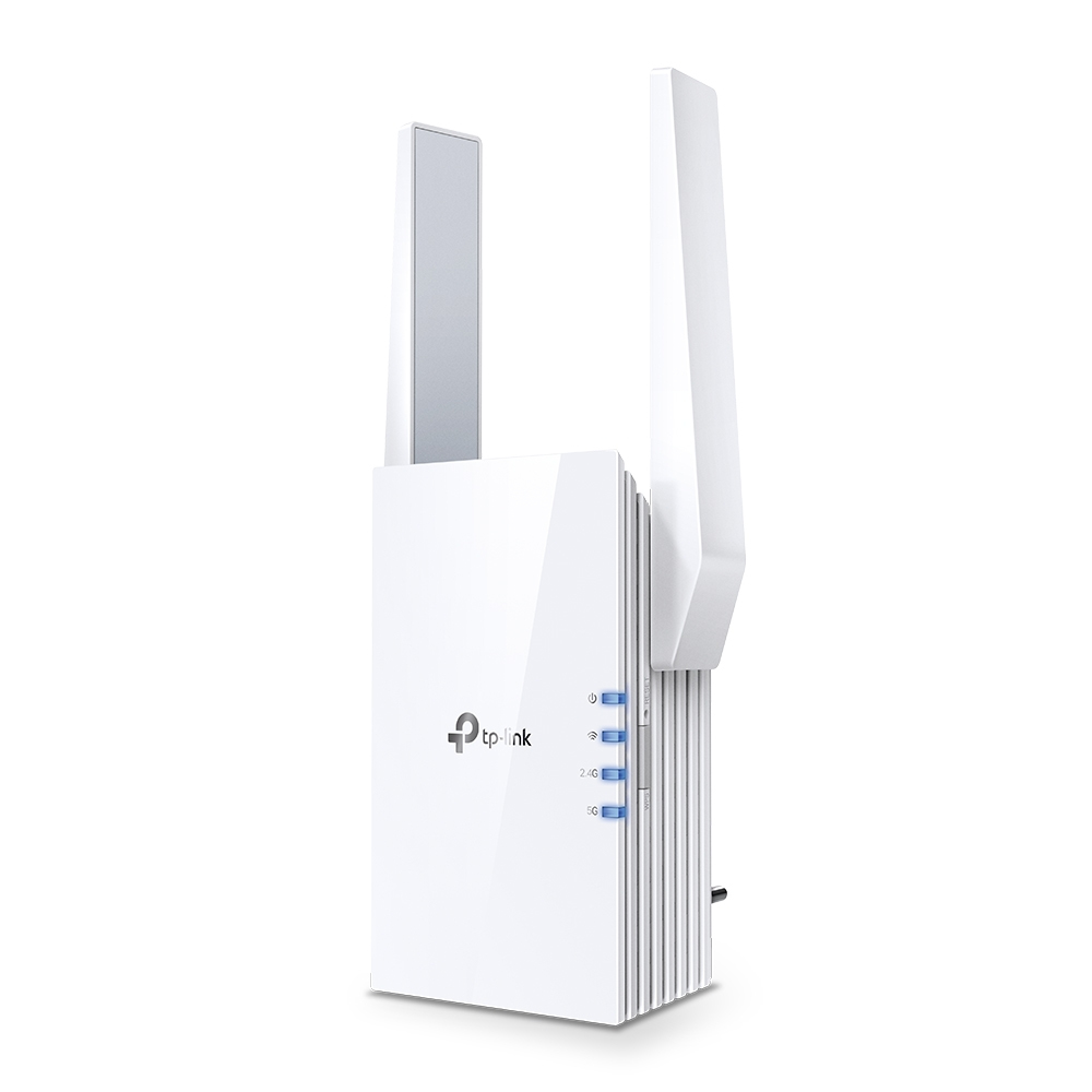 JFM Technology White tp link wireless router with two tall antennas and blue status leds on the side standing upright on a white background