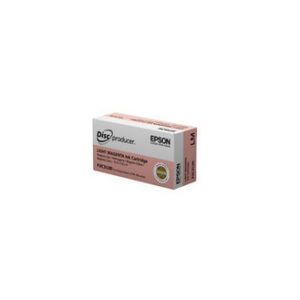 Pink rectangular box packaging for an Epson printer cartridge with logos and product text visible on the label