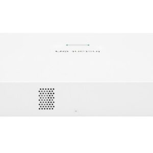 JFM Technology Rear view of a white network appliance with a power inlet on the left central vent grille and screws on the sides