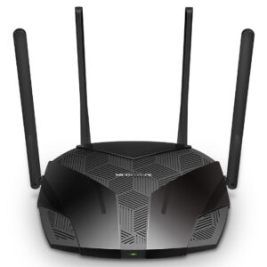 Black wireless router with four external antennas on a white background facing forward geometric patterned top