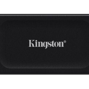 Close up of a black kingston external ssd with a textured surface and silver logo in the center