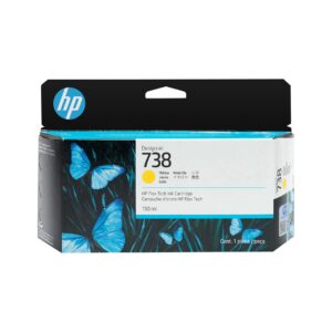HP DesignJet ink cartridge box with blue butterfly artwork on a dark package and a white label showing 738 and yellow color swatch
