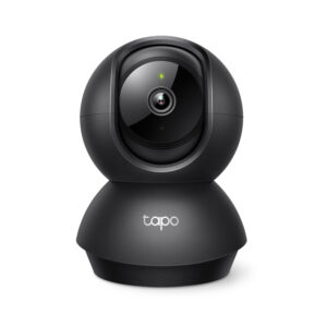 Tapo spherical home security camera on a rounded stand with lens and green status light