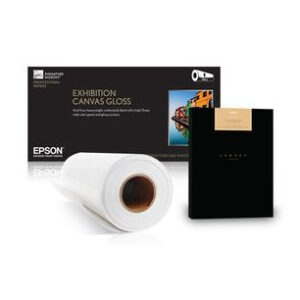 JFM Technology Epson exhibition canvas gloss media kit with a rolled canvas a black sample panel and the packaging box
