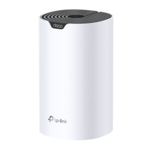 JFM Technology White cylindrical TP Link Deco mesh WiFi router on a white background with a black concentric top edge and Deco logo visible