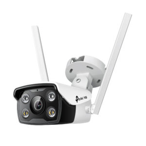 Wireless security camera with dual antennas mounted on a white base angled for outdoor surveillance