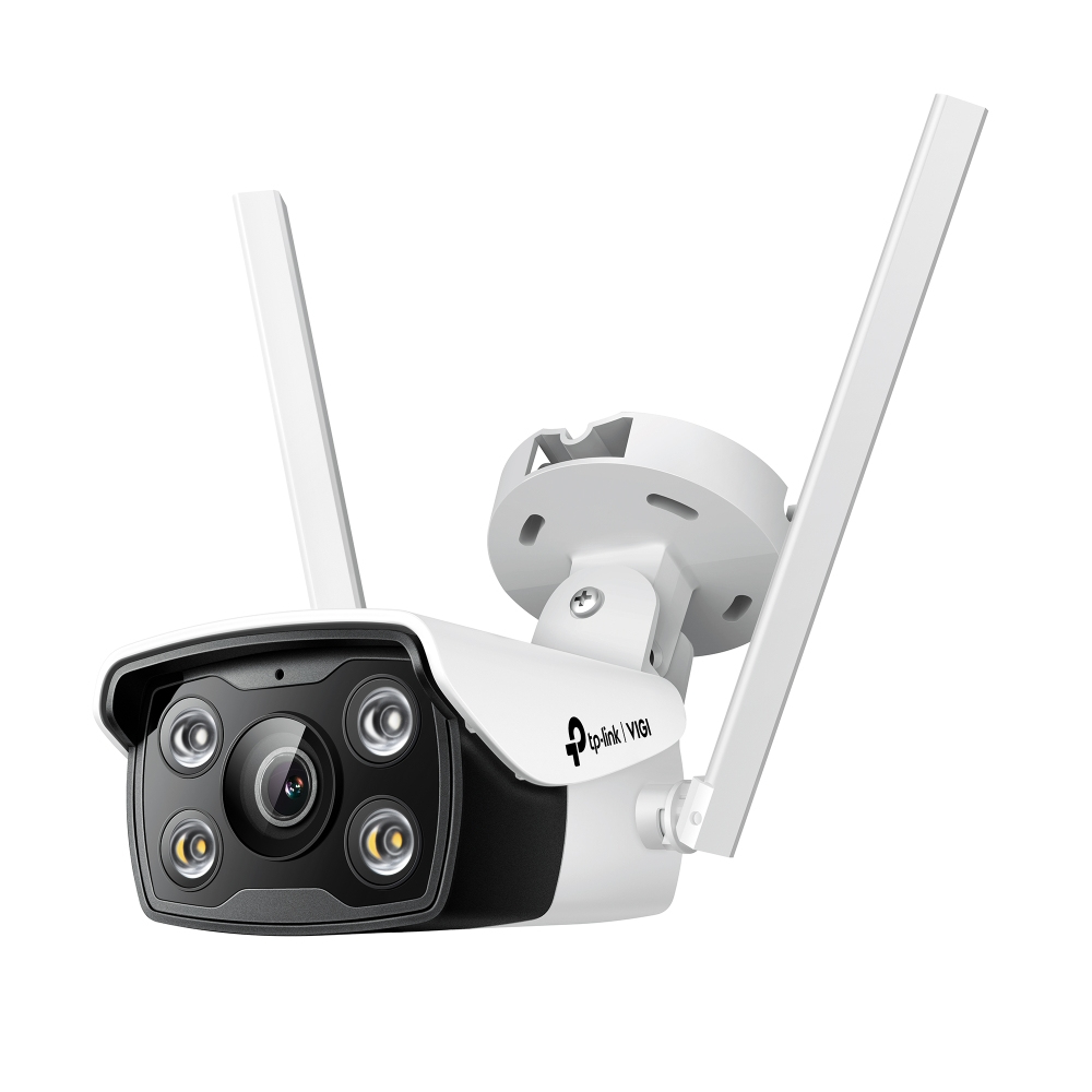 JFM Technology Wireless security camera with dual antennas mounted on a white base angled for outdoor surveillance