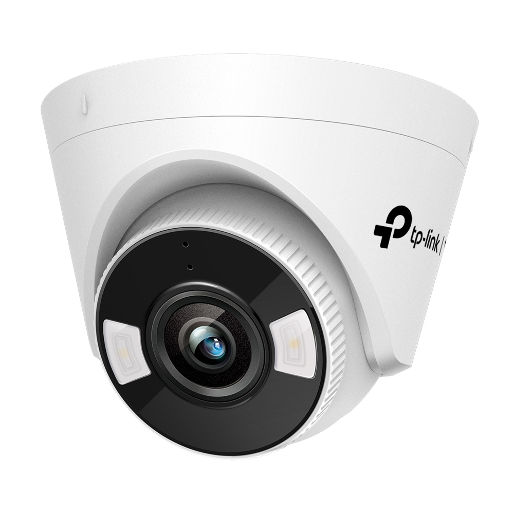 JFM Technology White dome style surveillance camera with a black lens and two led lights branded tp link mounted on a white housing