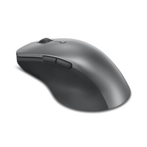Ergonomic gray wireless computer mouse with side thumb buttons viewed from the sidefront left