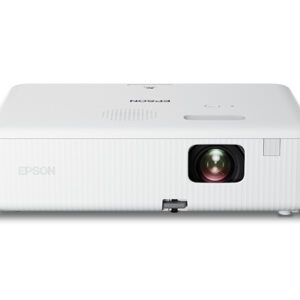 White epson projector viewed from the front left showing the lens and vented body