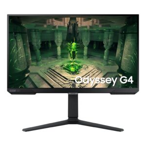 JFM Technology Samsung odyssey g4 gaming monitor on a stand displaying a green lit fantasy ruins scene