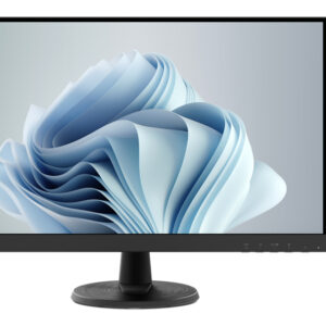Lenovo monitor with a blue abstract swirl wallpaper on a round stand viewed from the front