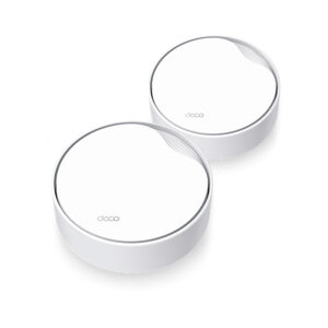 Two white circular disc shaped devices with silver rims branded deco shown from an angled top view on a white background