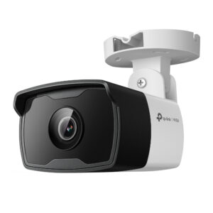 JFM Technology TP Link VIGI security camera with black front housing mounted on a white ceiling bracket outdoor surveillance