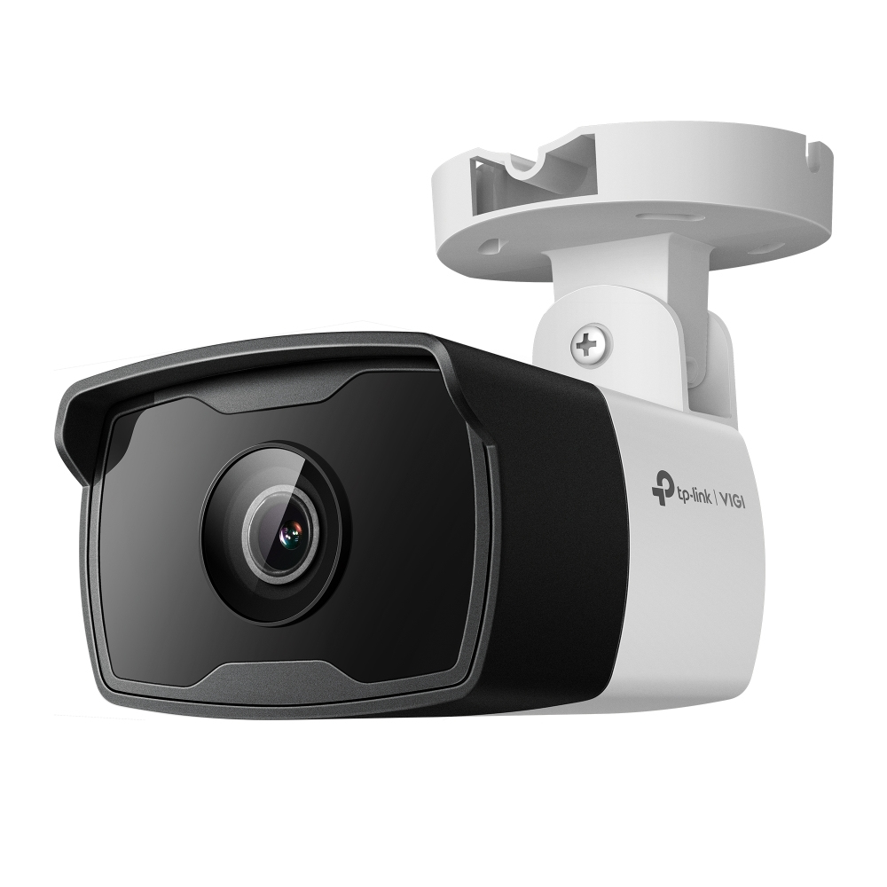 JFM Technology White tp link vigi security camera mounted on a bracket facing forward with a black front lens cover and wide angle lens used for outdoor surveillance