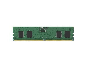 Green computer RAM module DIMM with four black memory chips and a gold edge connector viewed from the side on a white background