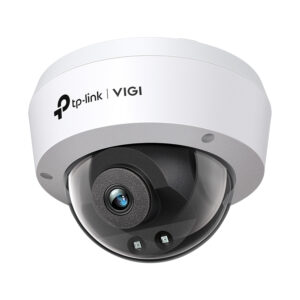 JFM Technology Dome security camera with white housing and dark lens branded TP Link VIGI facing downward for ceiling mounting