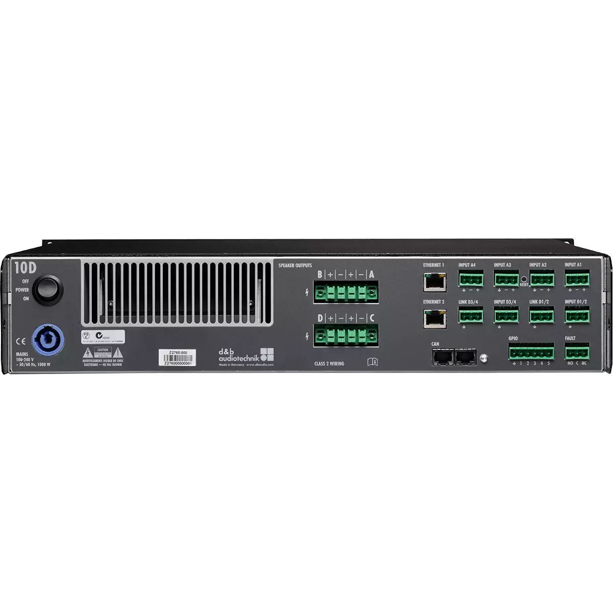 Amplificador DAmpB 10D 4 Canales 700W Con Dsp vista 3 JFM Technology Rear view of a db audiotechnik 10d amplifier showing numerous green terminal blocks network ports and labels like can and gpio on the back panel