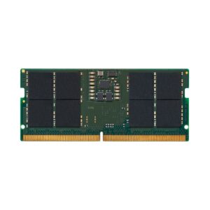 Close up of a green RAM memory module showing gold edge connector and black memory chips
