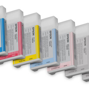 JFM Technology Row of Epson ink cartridges in black cyan magenta yellow and gray aligned diagonally for a printer supply lineup