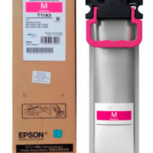 Magenta ink cartridge with pink handle next to its brown packaging labeled epson t11a3 photo of printer ink cartridge