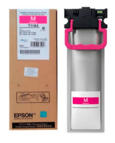 JFM Technology Magenta ink cartridge with pink handle next to its brown packaging labeled epson t11a3 photo of printer ink cartridge