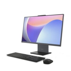 Lenovo all in one computer with wireless keyboard and mouse on a white background 24 inch display showing a colorful abstract wallpaper
